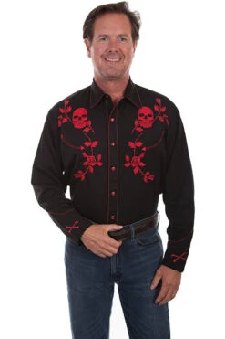 Men's Scully Crimson Skulls And Roses Western Shirt - P771
