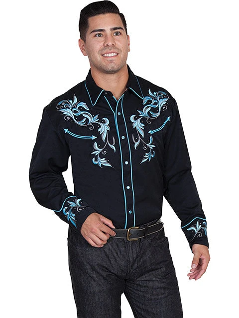 Scully Men's Blue Embroidered Long Sleeve Western Shirt - P844 1 Scully Men's Blue Embroidered Long Sleeve Western Shirt - P844