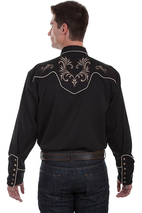 Scully Mens Floral Scrolls Embroidered Western Shirt Black - P870 2 Scully Mens Floral Scrolls Embroidered Western Shirt Black - P870 - Image 2