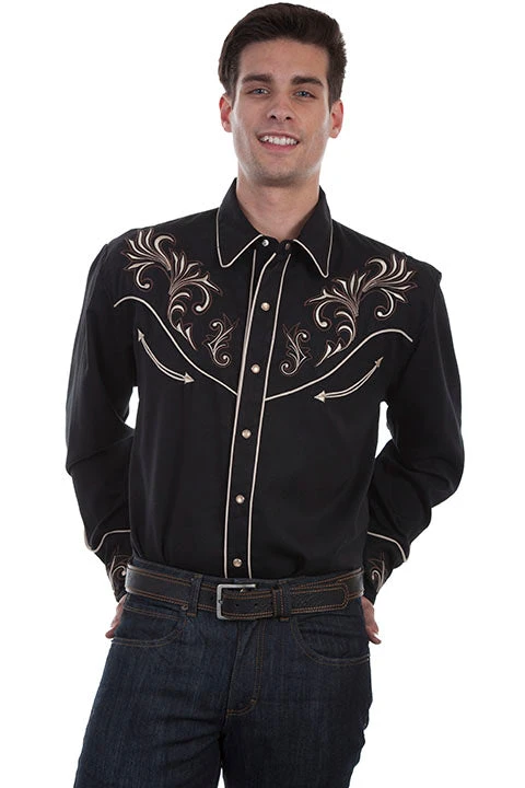 Scully Mens Floral Scrolls Embroidered Western Shirt Black - P870 1 Scully Mens Floral Scrolls Embroidered Western Shirt Black - P870