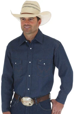 Wrangler Men's Classic Fit Long Sleeve Rigid Denim Snap Western Work Shirt - 70127MW